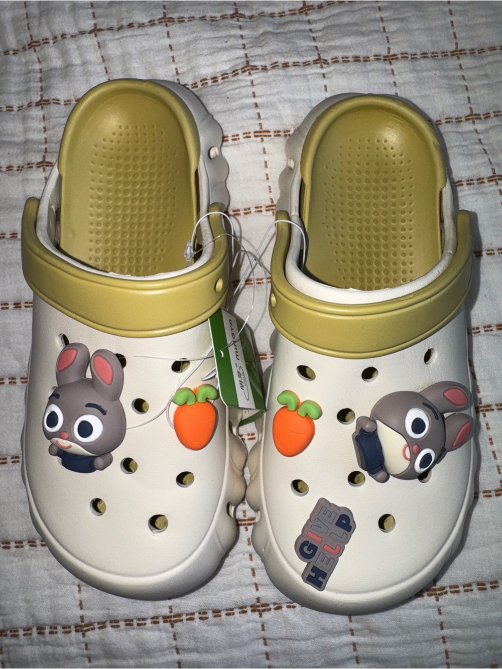 Kids Cream and Olive Green Clog Shoes with Bunny Charms
